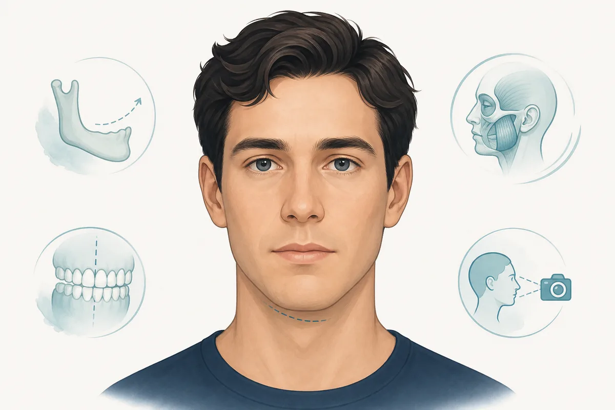Editorial illustration showing bone, bite, muscle, and camera factors behind an asymmetrical jaw