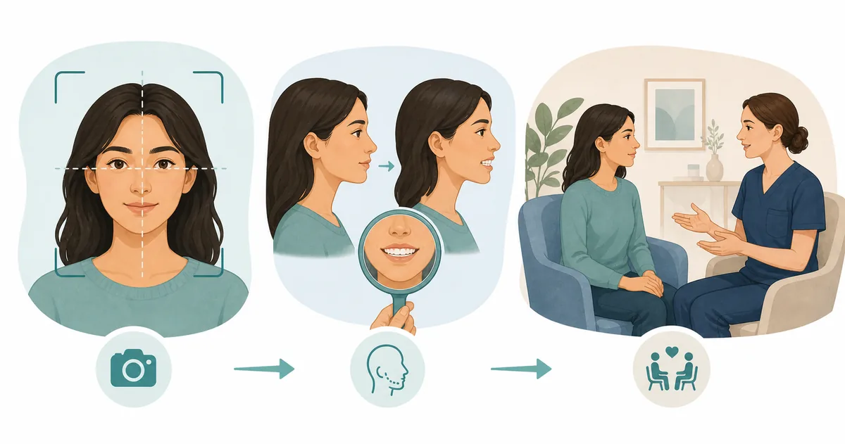 Editorial flow from a centered photo to jaw observation and professional consultation