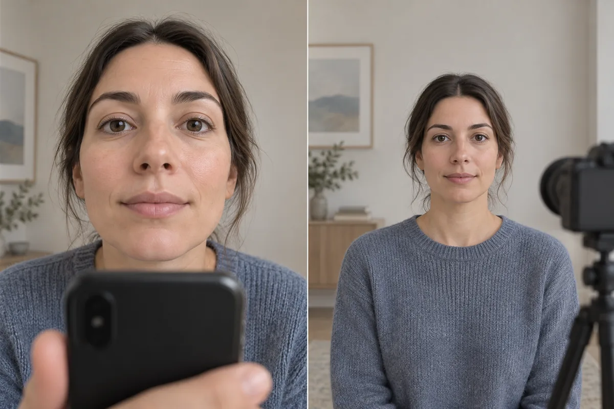Editorial illustration comparing a close phone selfie with a farther eye-level camera portrait