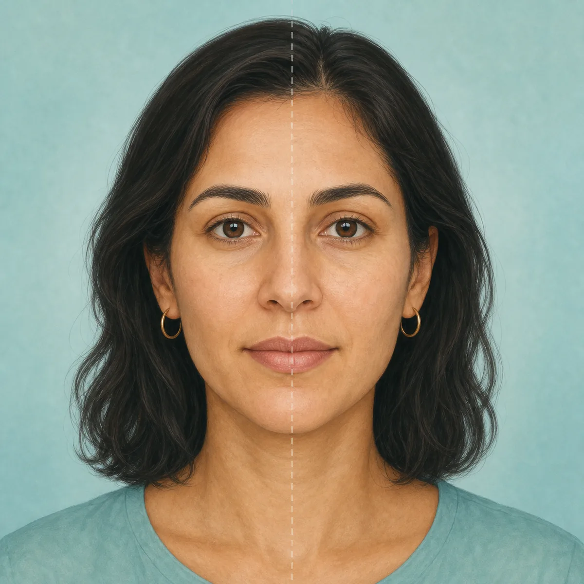 Editorial portrait illustrating subtle natural cheek asymmetry with a centered facial guide