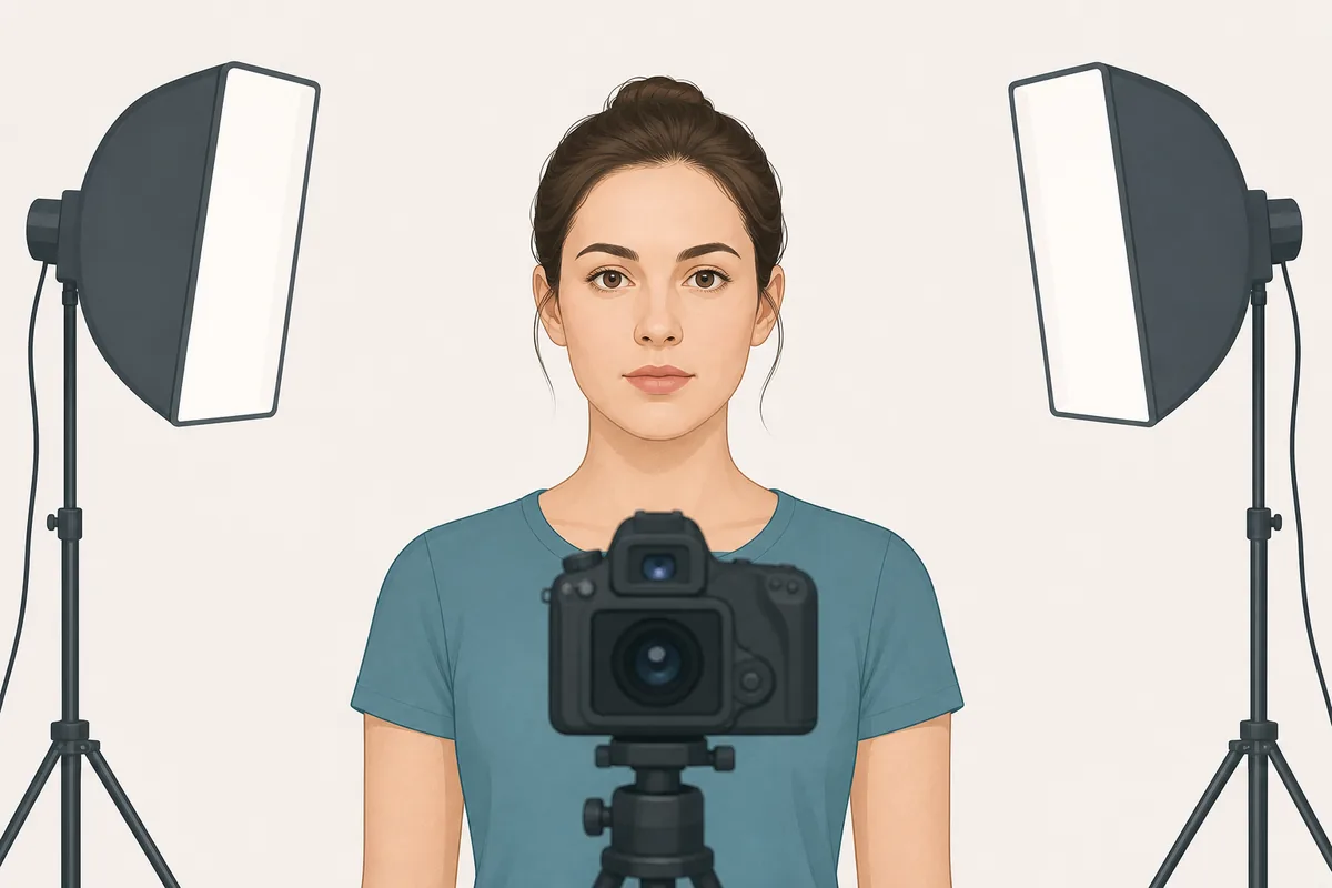 Editorial diagram showing a centered camera and even lights for a fair cheek asymmetry photo
