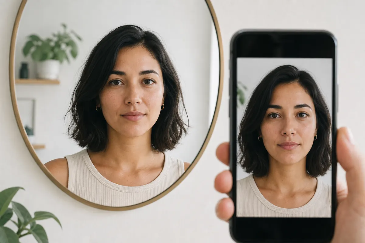 The same woman viewed in a mirror and on a smartphone camera