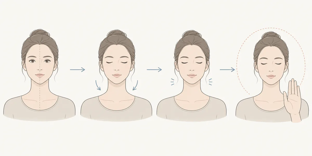 Editorial sequence showing neutral posture, relaxed jaw, calm expression, and stopping before strain
