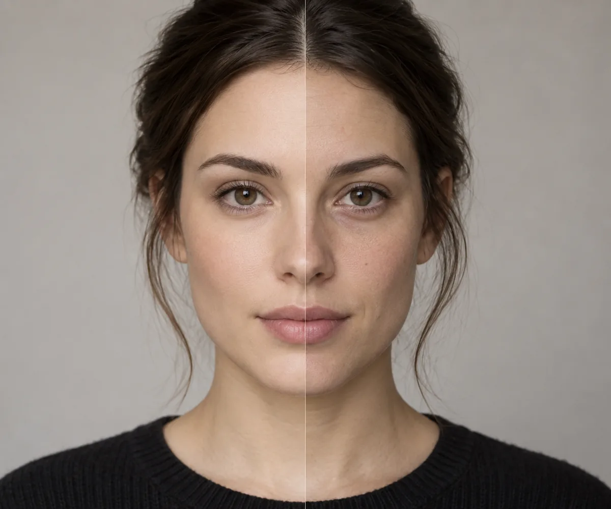 Editorial portrait comparison showing a natural face beside a mirrored half-face effect