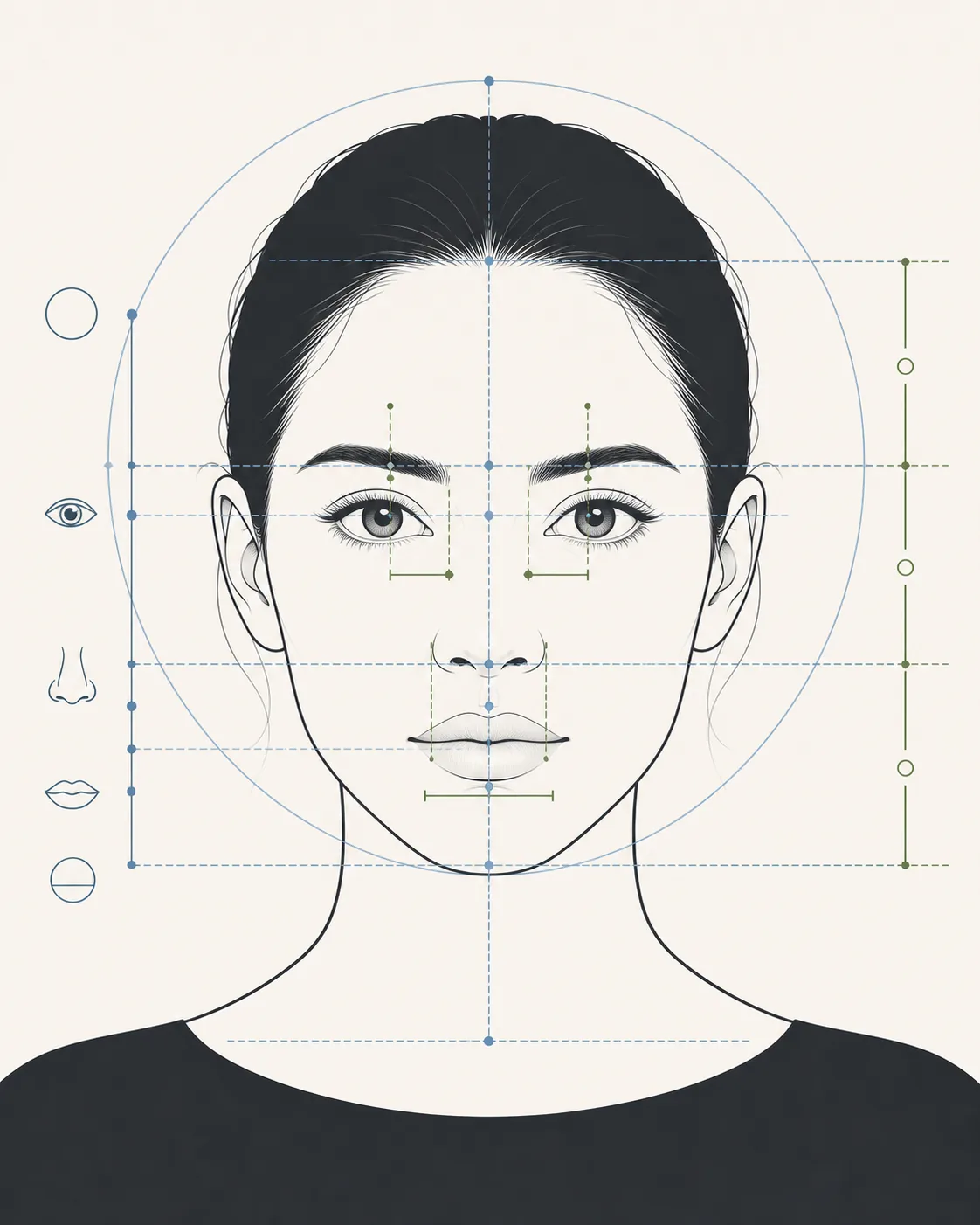 Facial proportions guide illustration with a front-facing face and proportion guide lines
