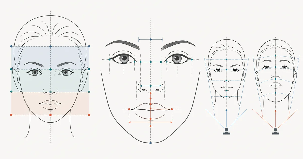 Text-free facial proportions diagram showing thirds, feature spacing, and camera perspective