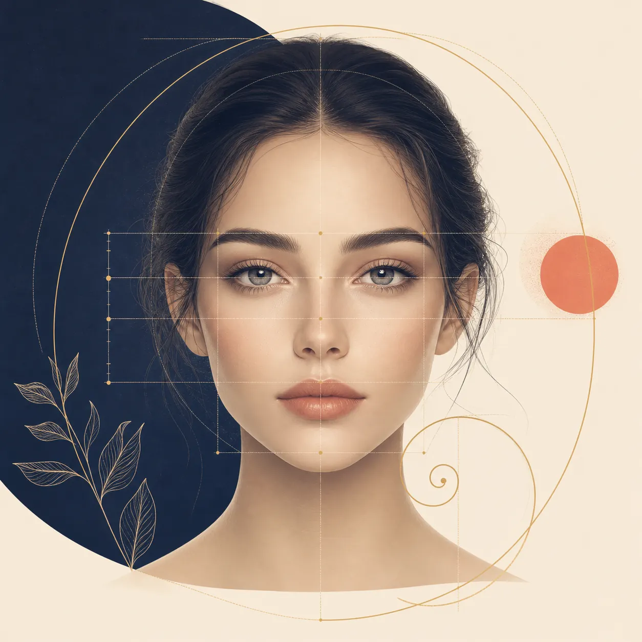 Editorial illustration of golden ratio face analysis with facial landmarks and proportion guides