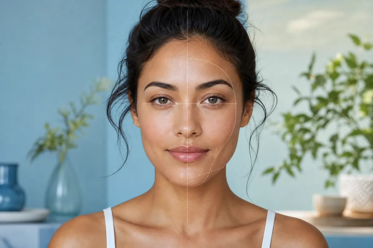 Neutral portrait with soft facial symmetry guide lines for an article about improving facial asymmetry safely