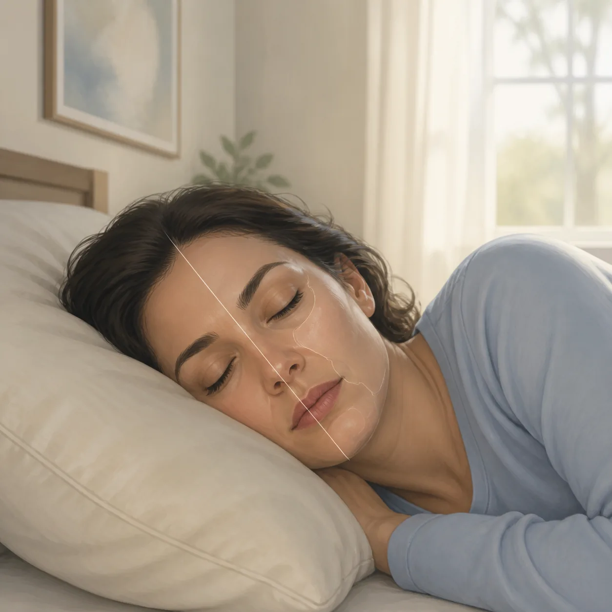 Editorial illustration of a person sleeping on one side with a subtle facial centerline