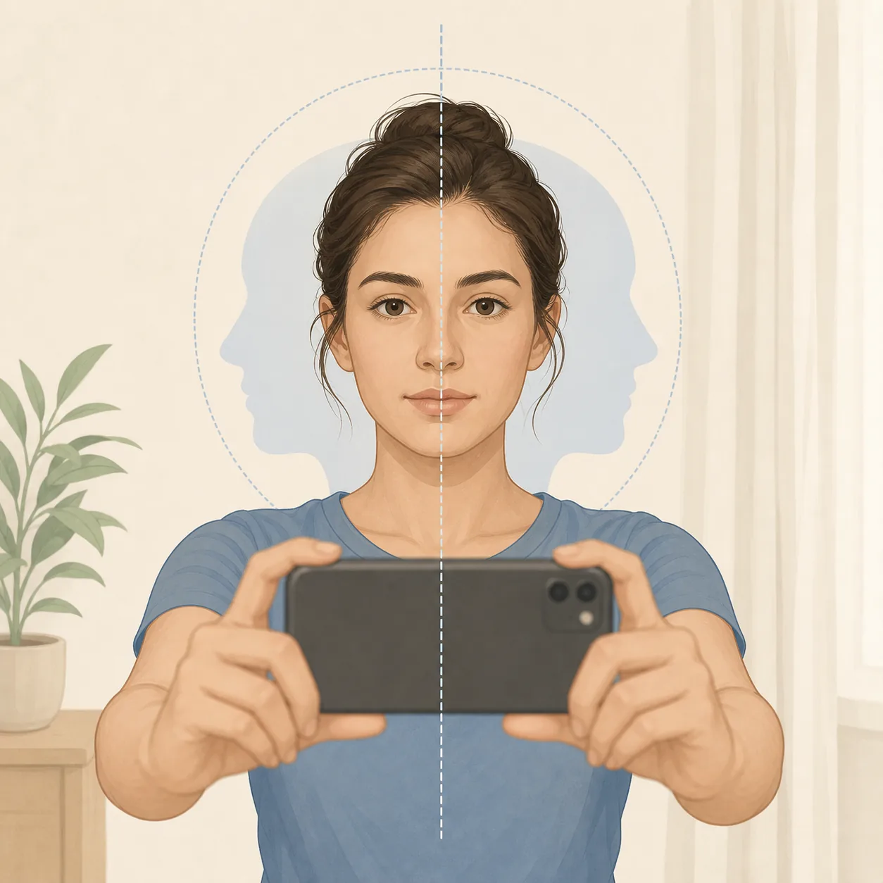 Editorial illustration of a neutral front-facing portrait taken with an eye-level phone for a fair comparison